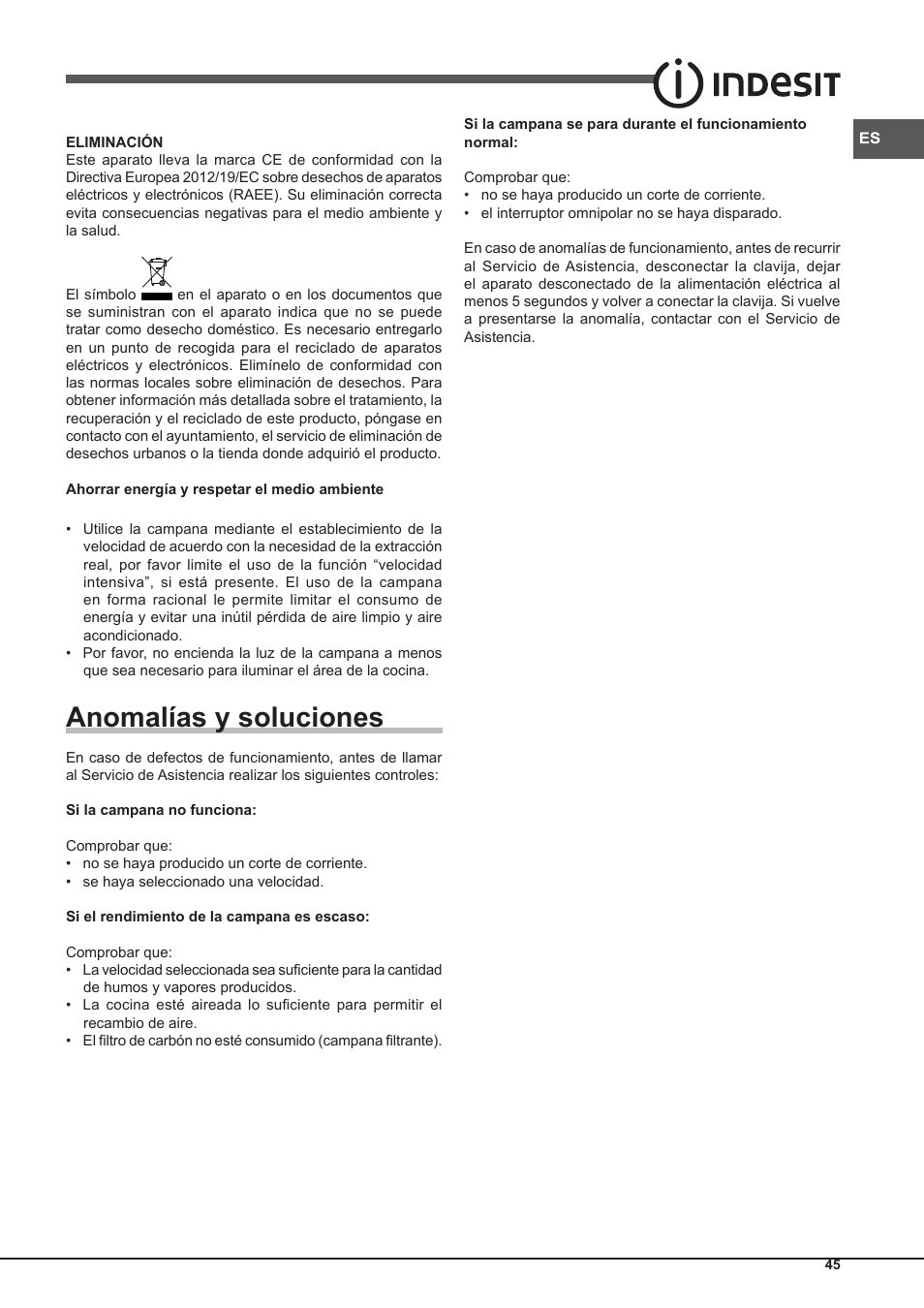 Anomalías y soluciones | Indesit IHP-9.5-C-M-IX User Manual | Page 45 / 80