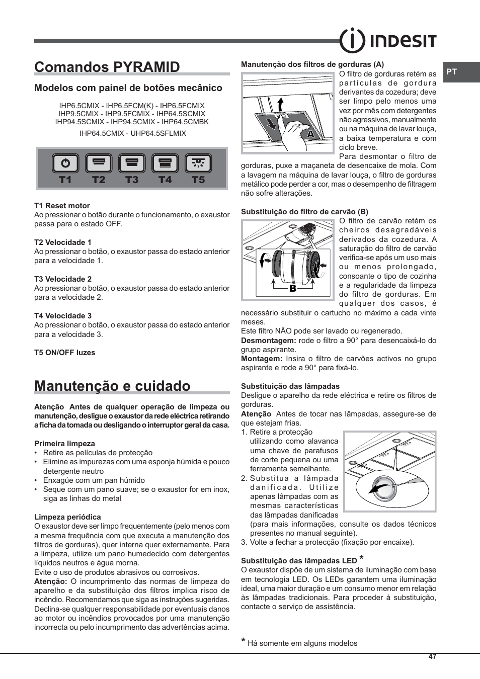 Comandos pyramid, Manutenção e cuidado | Indesit IHP-9.5-C-M-IX User Manual | Page 47 / 80