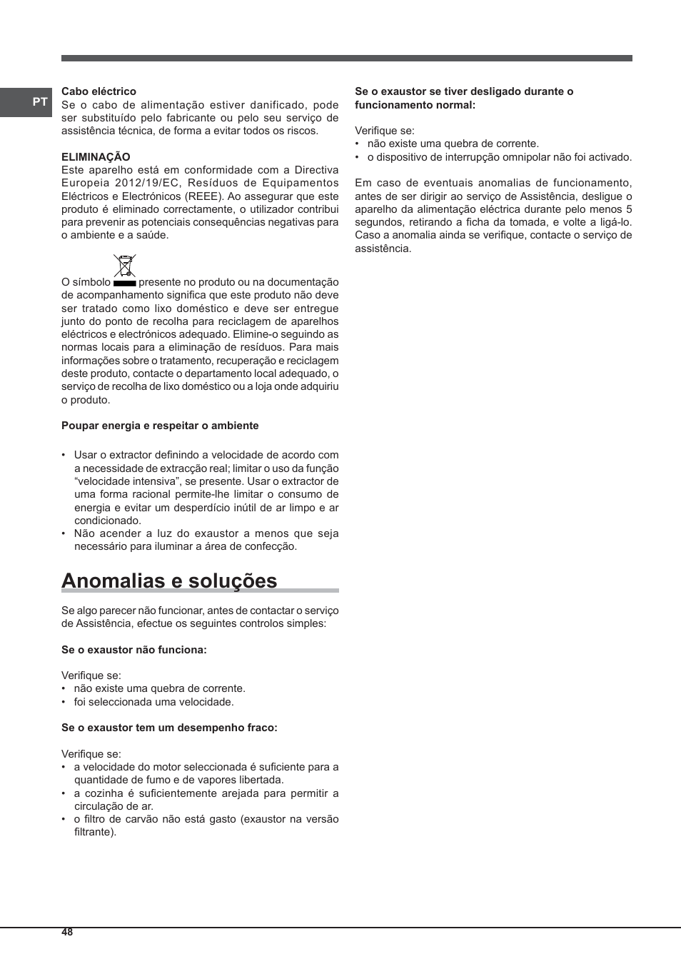 Anomalias e soluções | Indesit IHP-9.5-C-M-IX User Manual | Page 48 / 80