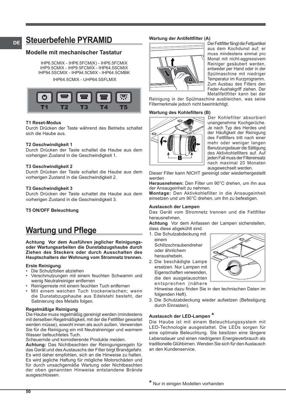 Steuerbefehle pyramid, Wartung und pfl ege | Indesit IHP-9.5-C-M-IX User Manual | Page 50 / 80