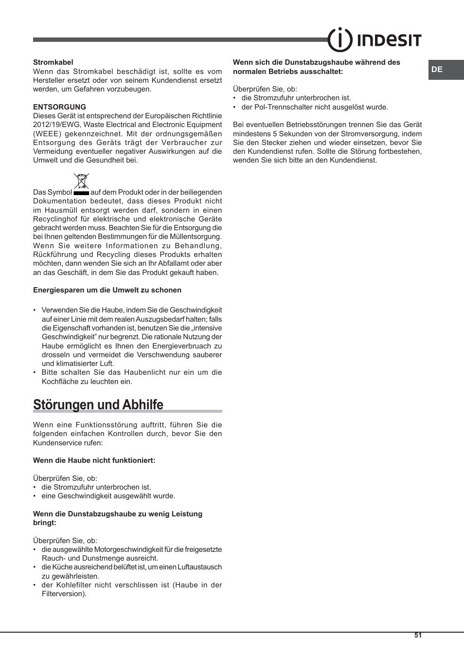 Störungen und abhilfe | Indesit IHP-9.5-C-M-IX User Manual | Page 51 / 80