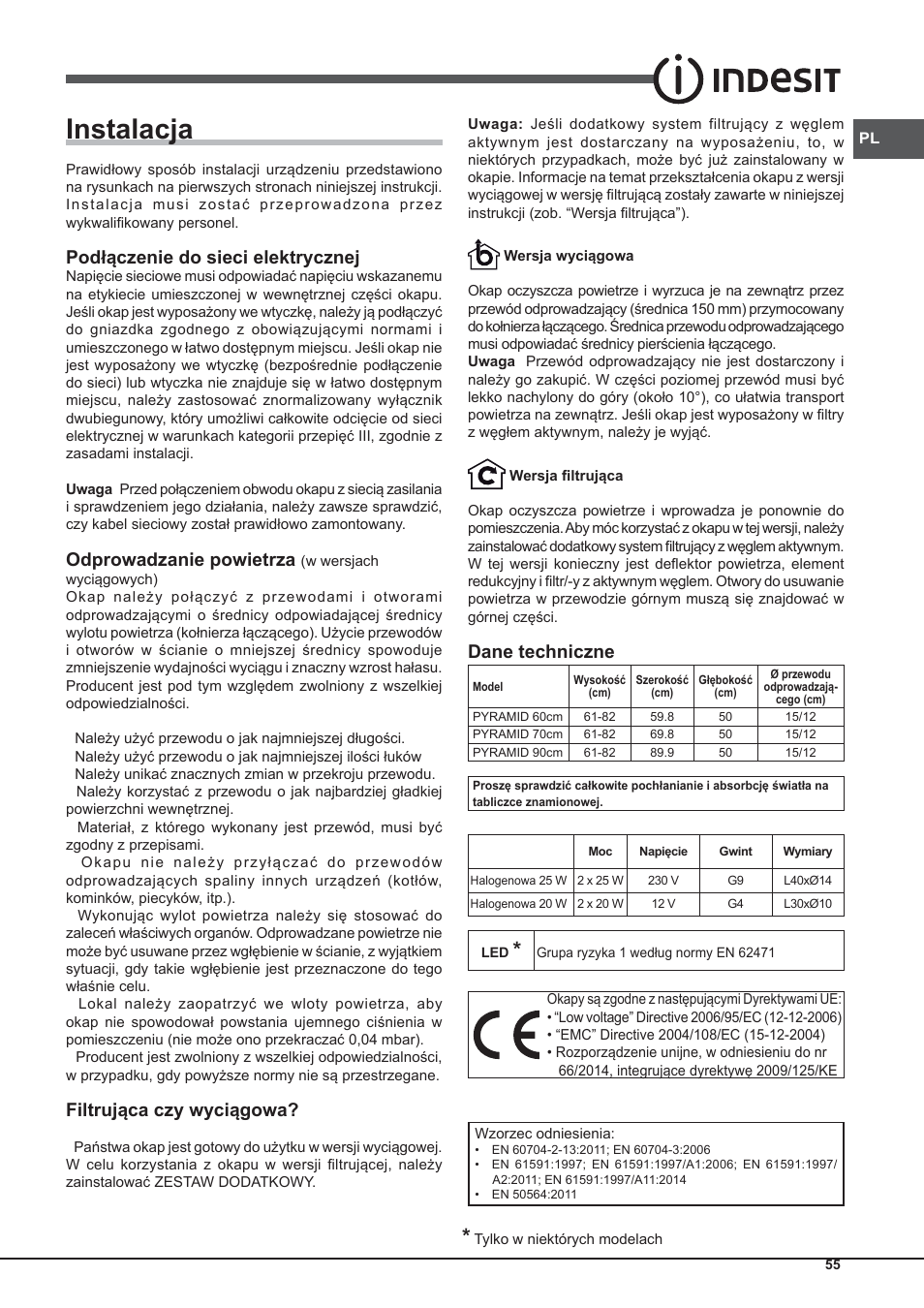 Instalacja, Podłączenie do sieci elektrycznej, Odprowadzanie powietrza | Filtrująca czy wyciągowa, Dane techniczne | Indesit IHP-9.5-C-M-IX User Manual | Page 55 / 80