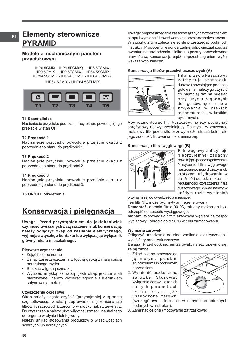 Elementy sterownicze pyramid, Konserwacja i pielęgnacja | Indesit IHP-9.5-C-M-IX User Manual | Page 56 / 80