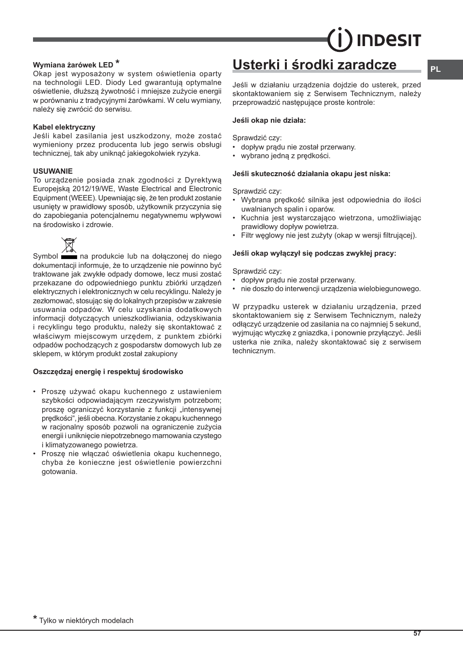 Usterki i środki zaradcze | Indesit IHP-9.5-C-M-IX User Manual | Page 57 / 80