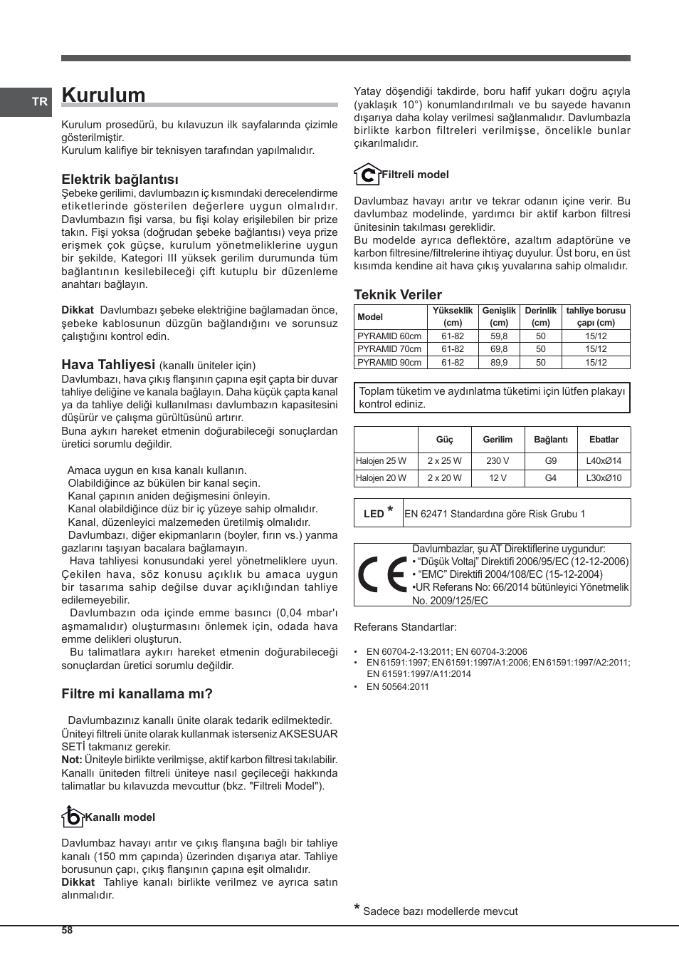 Kurulum, Elektrik bağlantısı, Hava tahliyesi | Filtre mi kanallama mı, Teknik veriler | Indesit IHP-9.5-C-M-IX User Manual | Page 58 / 80