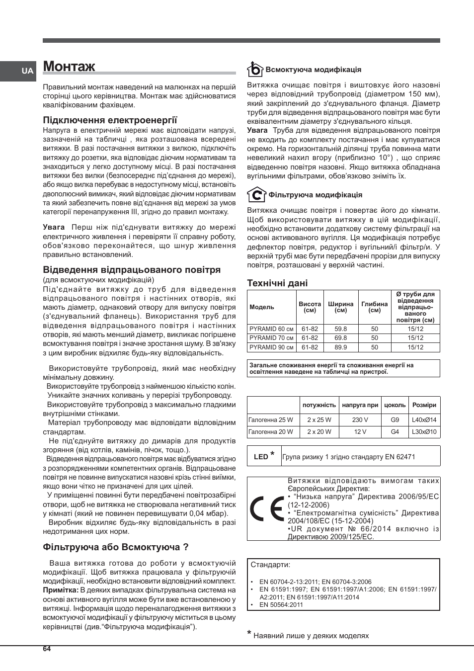 Монтаж, Підключення електроенергії, Відведення відпрацьованого повітря | Фільтруюча або всмоктуюча, Технічні дані | Indesit IHP-9.5-C-M-IX User Manual | Page 64 / 80