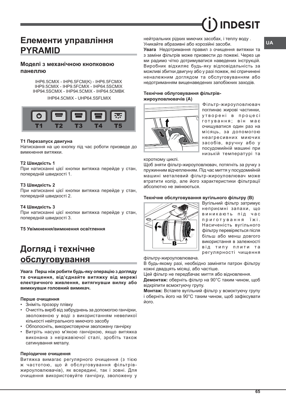 Елементи управління pyramid, Догляд і технічне обслуговування | Indesit IHP-9.5-C-M-IX User Manual | Page 65 / 80