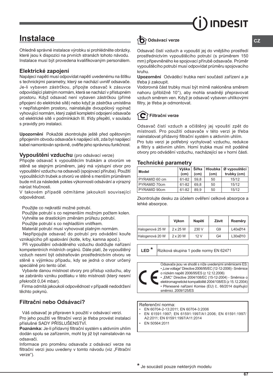 Instalace, Elektrické zapojení, Vypouštění vzduchu | Filtrační nebo odsávací, Technické parametry | Indesit IHP-9.5-C-M-IX User Manual | Page 67 / 80
