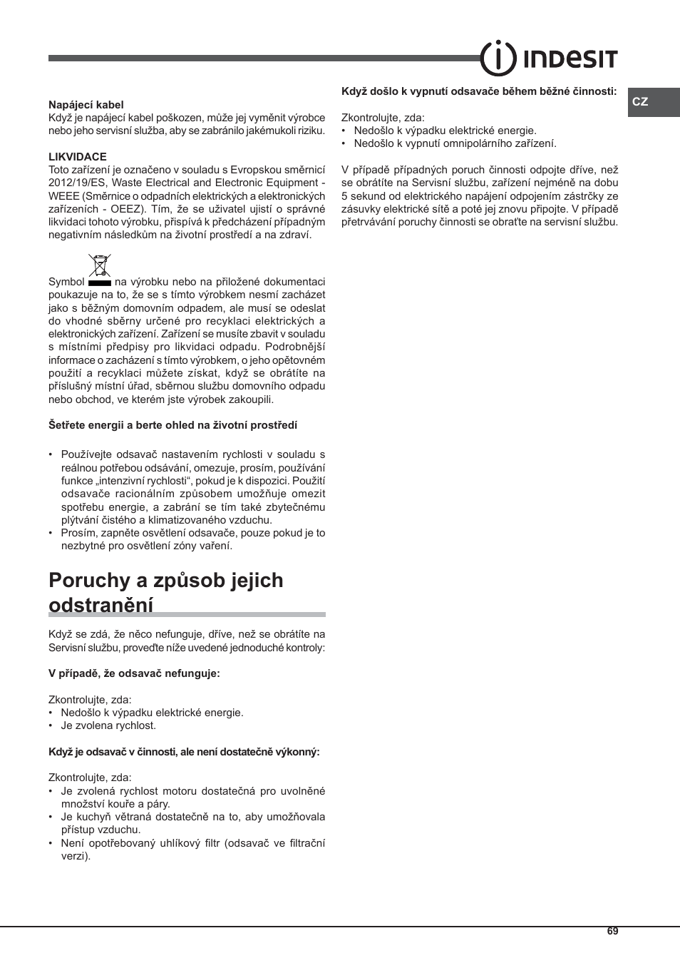 Poruchy a způsob jejich odstranění | Indesit IHP-9.5-C-M-IX User Manual | Page 69 / 80