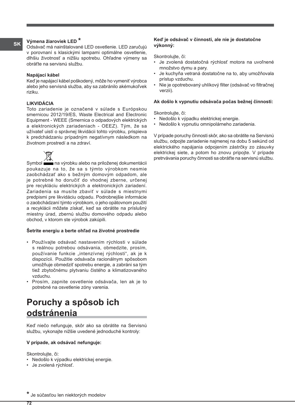 Poruchy a spôsob ich odstránenia | Indesit IHP-9.5-C-M-IX User Manual | Page 72 / 80