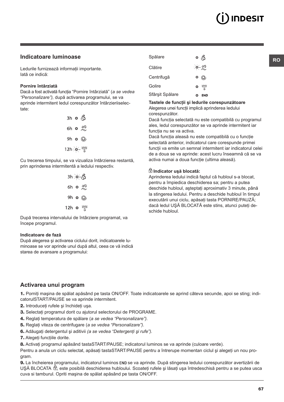 Indicatoare luminoase, Activarea unui program | Indesit IWUC-4105-(EU) User Manual | Page 67 / 84