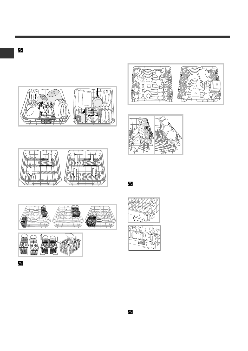 Loading the racks, Lower rack and cutlery basket, Upper rack | Indesit DIFP-36.R User Manual | Page 16 / 80