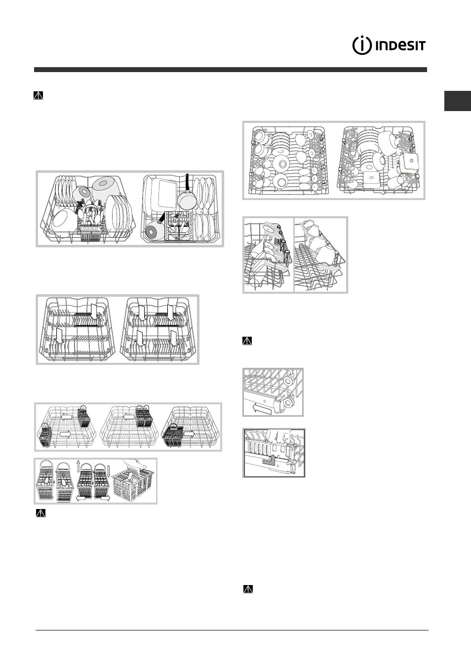 Het laden van de rekken, Onderrek en bestekkorf, Bovenrek | Indesit DIFP-36.R User Manual | Page 49 / 80