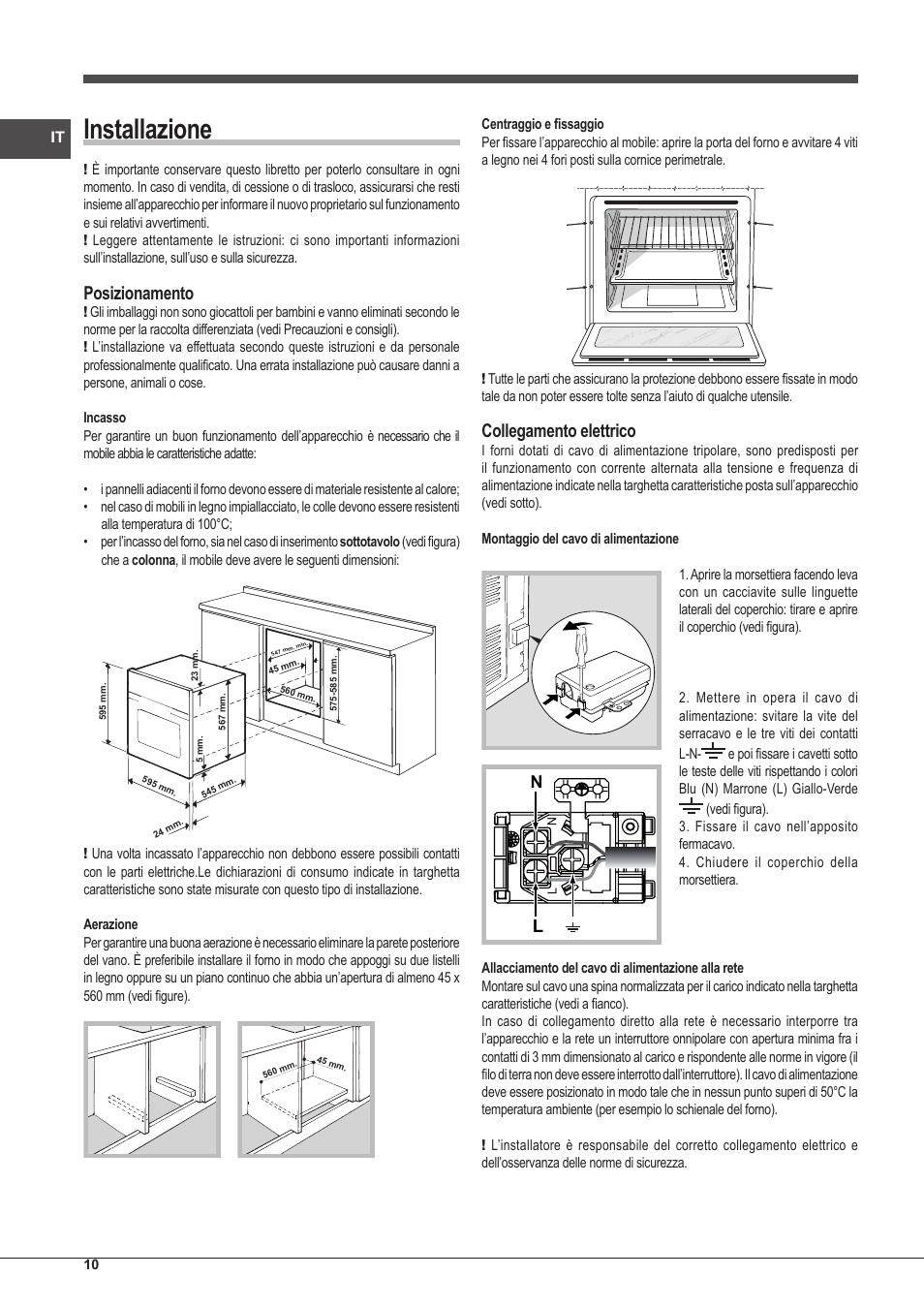 Installazione, Posizionamento, Collegamento elettrico | Indesit IFG-63-K.A-(BK)-S User Manual | Page 10 / 52