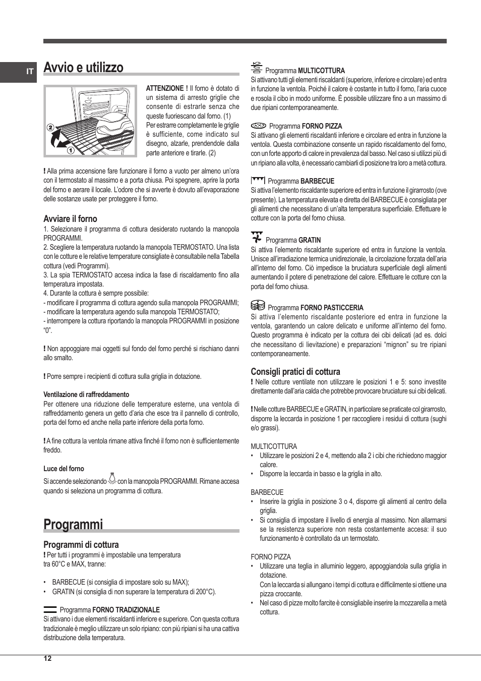 Avvio e utilizzo, Programmi, Avviare il forno | Programmi di cottura, Consigli pratici di cottura | Indesit IFG-63-K.A-(BK)-S User Manual | Page 12 / 52