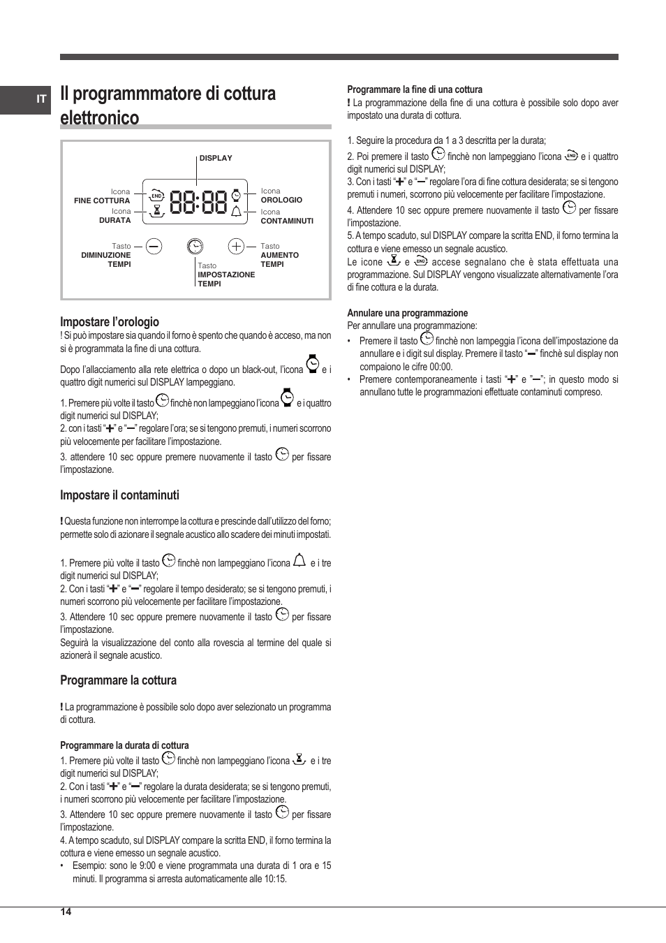 Il programmmatore di cottura elettronico, Impostare l’orologio, Impostare il contaminuti | Programmare la cottura | Indesit IFG-63-K.A-(BK)-S User Manual | Page 14 / 52