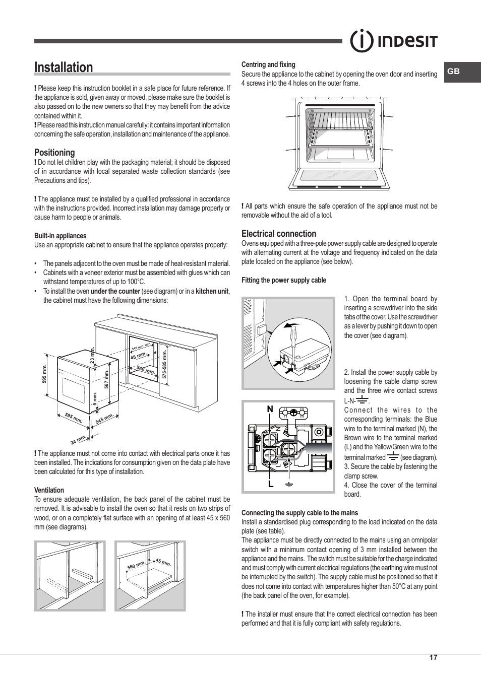 Installation, Positioning, Electrical connection | Indesit IFG-63-K.A-(BK)-S User Manual | Page 17 / 52