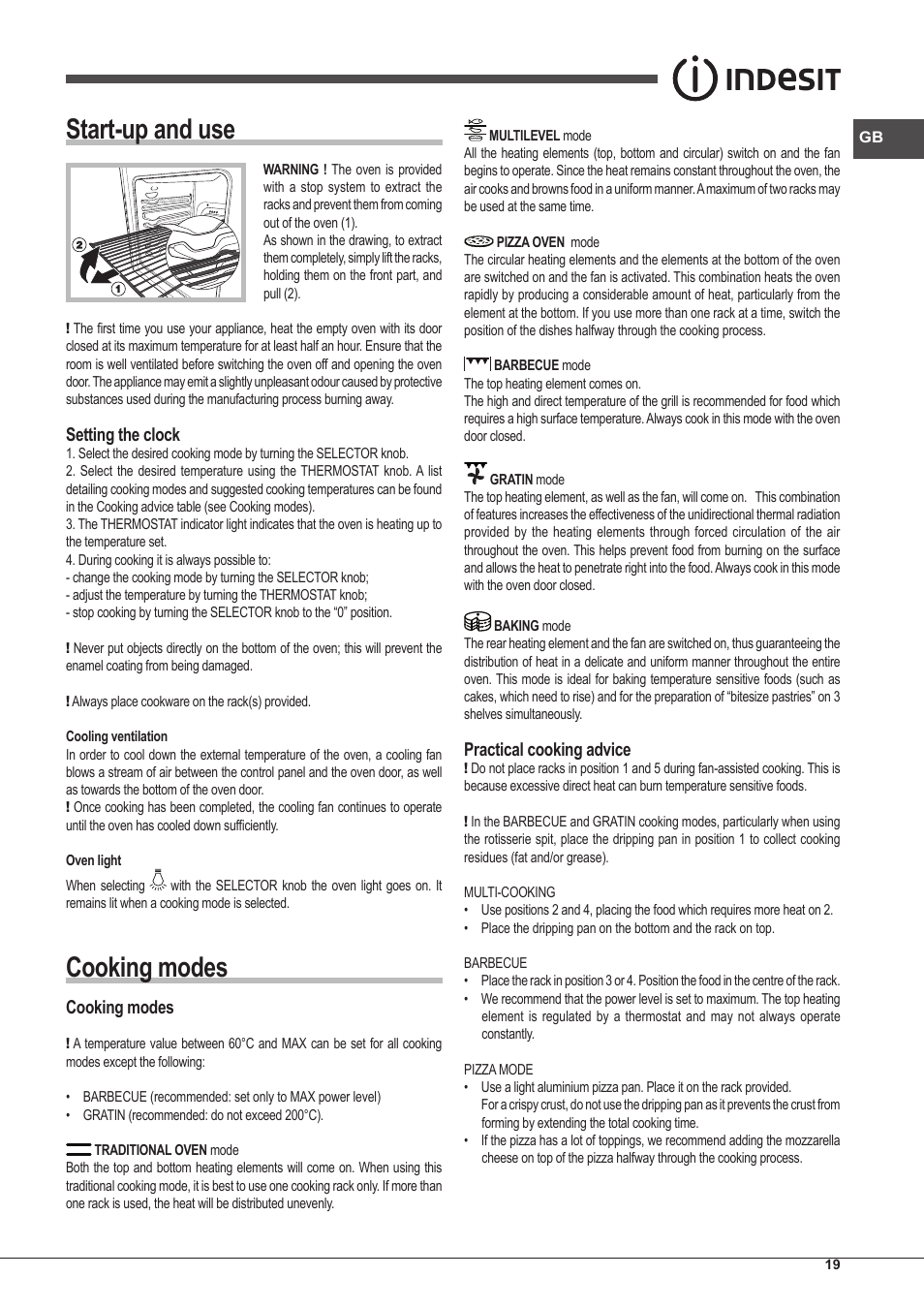 Start-up and use, Cooking modes, Setting the clock | Practical cooking advice | Indesit IFG-63-K.A-(BK)-S User Manual | Page 19 / 52