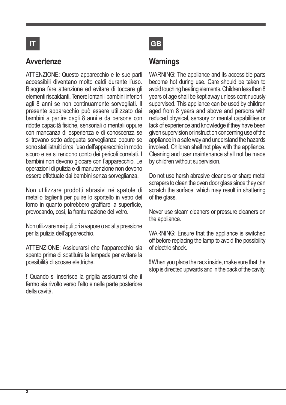 Avvertenze, Warnings | Indesit IFG-63-K.A-(BK)-S User Manual | Page 2 / 52
