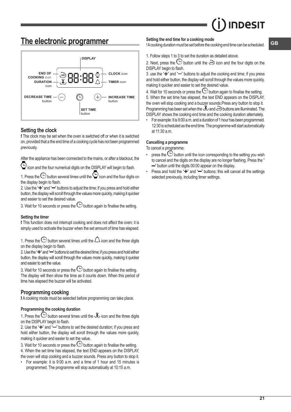The electronic programmer, Setting the clock, Programming cooking | Indesit IFG-63-K.A-(BK)-S User Manual | Page 21 / 52