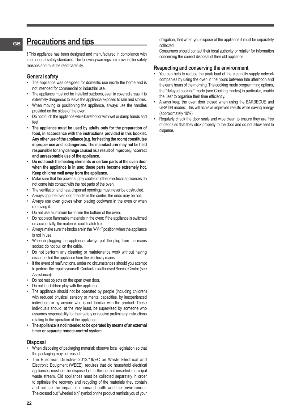 Precautions and tips, General safety, Disposal | Respecting and conserving the environment | Indesit IFG-63-K.A-(BK)-S User Manual | Page 22 / 52