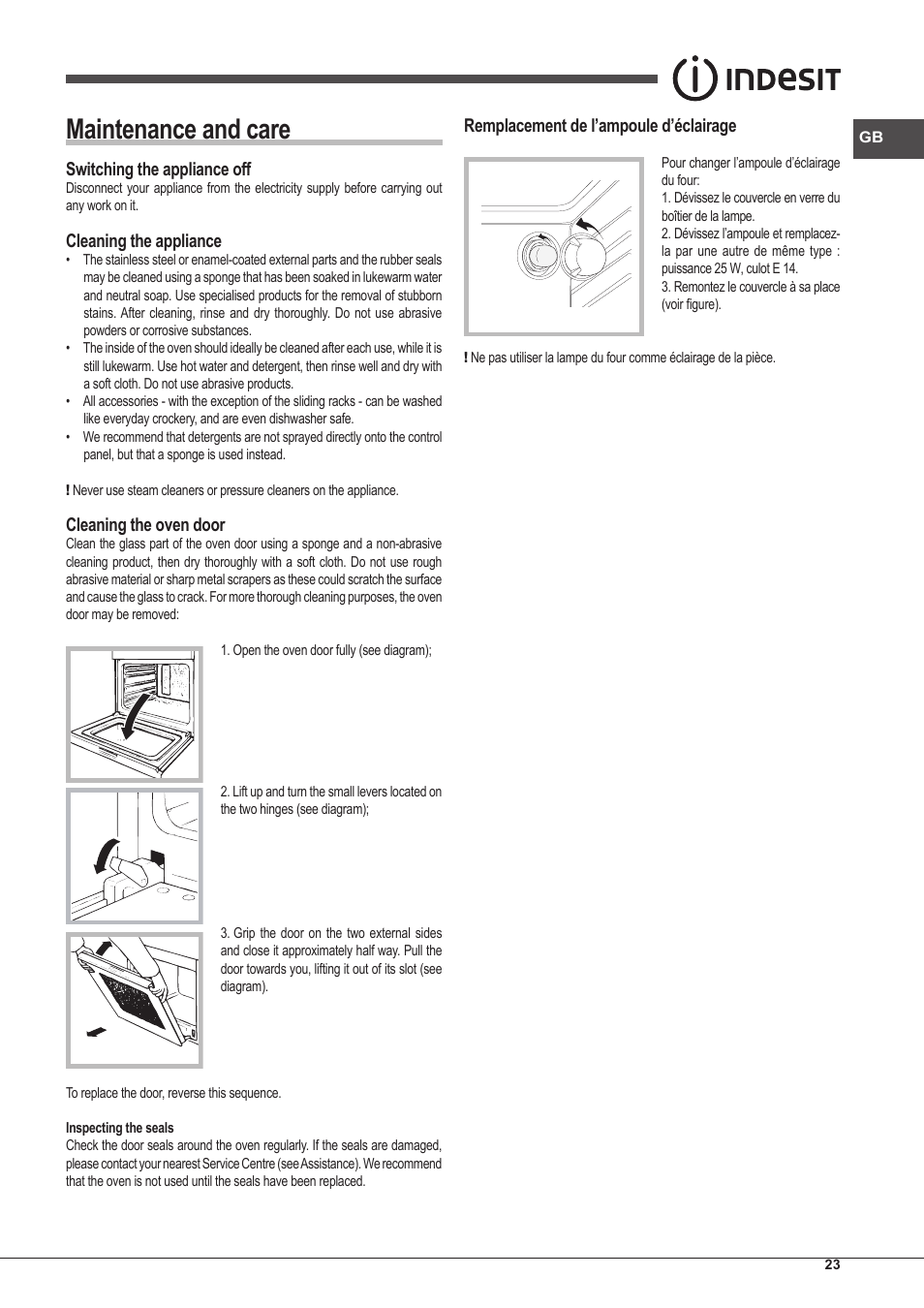 Maintenance and care | Indesit IFG-63-K.A-(BK)-S User Manual | Page 23 / 52