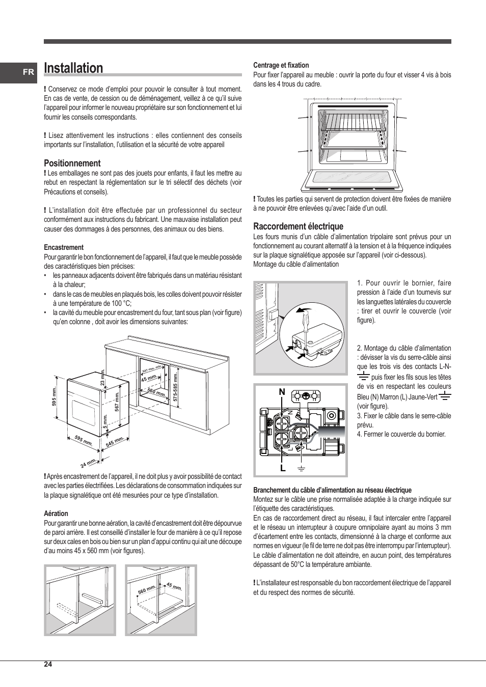 Installation, Positionnement, Raccordement électrique | Indesit IFG-63-K.A-(BK)-S User Manual | Page 24 / 52