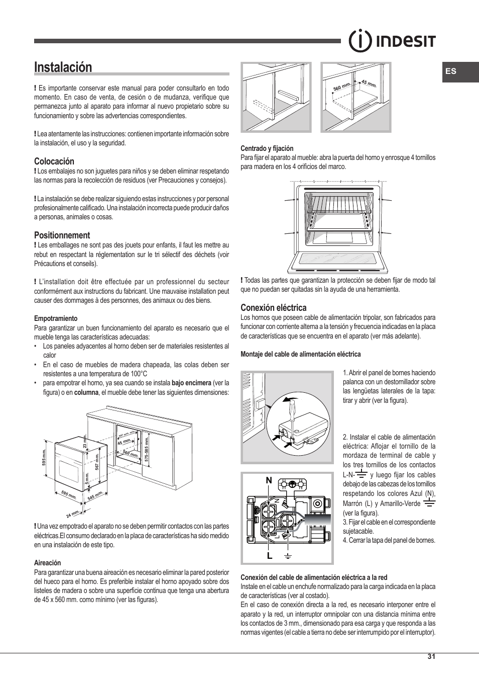 Instalación, Colocación, Positionnement | Conexión eléctrica | Indesit IFG-63-K.A-(BK)-S User Manual | Page 31 / 52