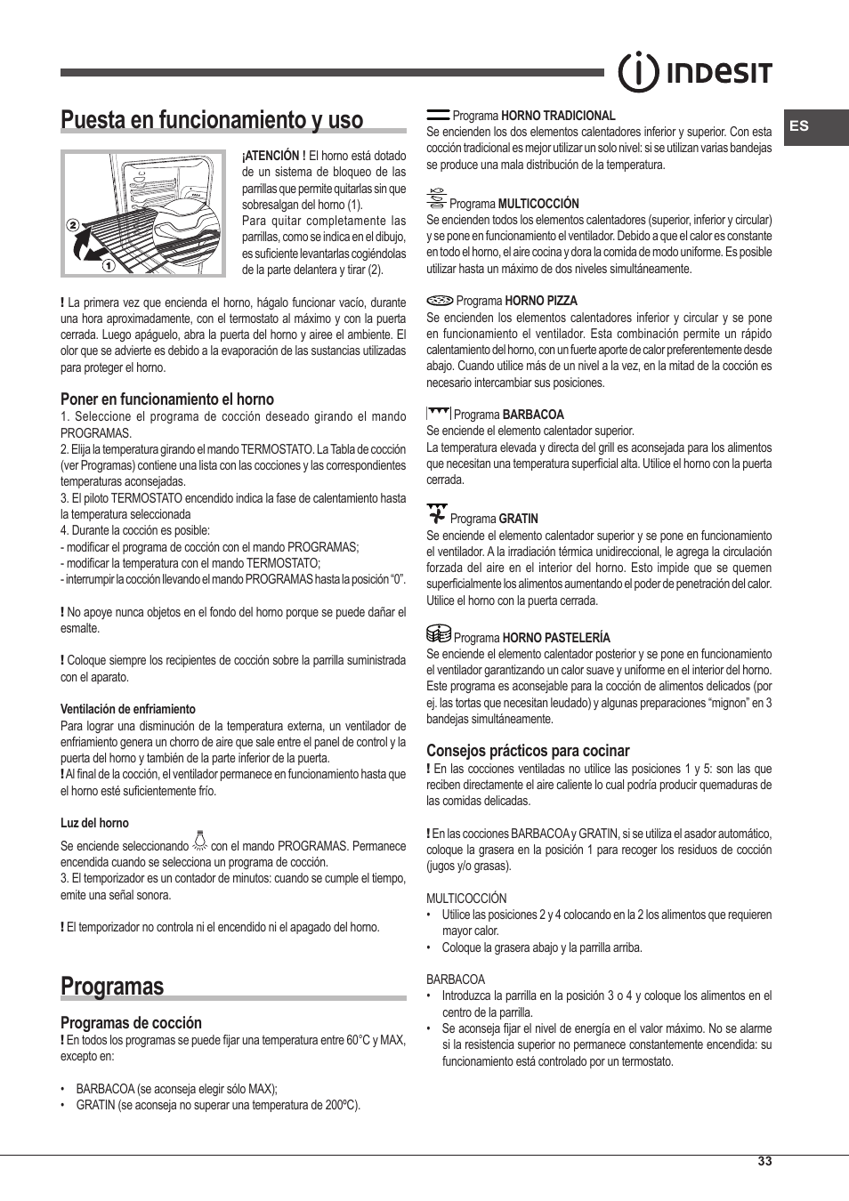 Puesta en funcionamiento y uso, Programas, Consejos prácticos para cocinar | Poner en funcionamiento el horno, Programas de cocción | Indesit IFG-63-K.A-(BK)-S User Manual | Page 33 / 52