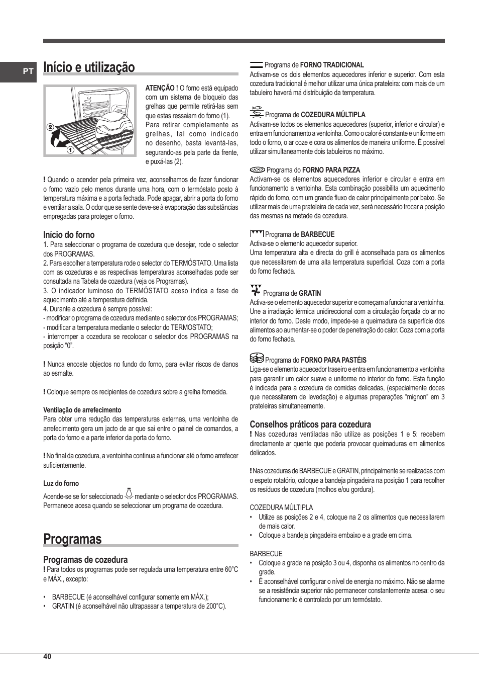 Início e utilização, Programas, Início do forno | Programas de cozedura, Conselhos práticos para cozedura | Indesit IFG-63-K.A-(BK)-S User Manual | Page 40 / 52