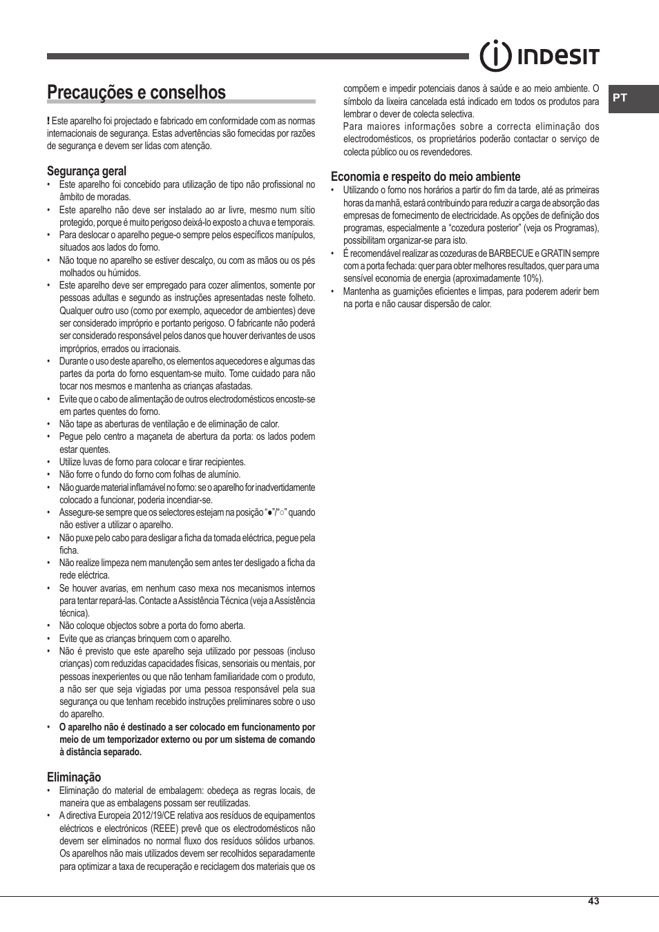 Precauções e conselhos, Segurança geral, Eliminação | Economia e respeito do meio ambiente | Indesit IFG-63-K.A-(BK)-S User Manual | Page 43 / 52