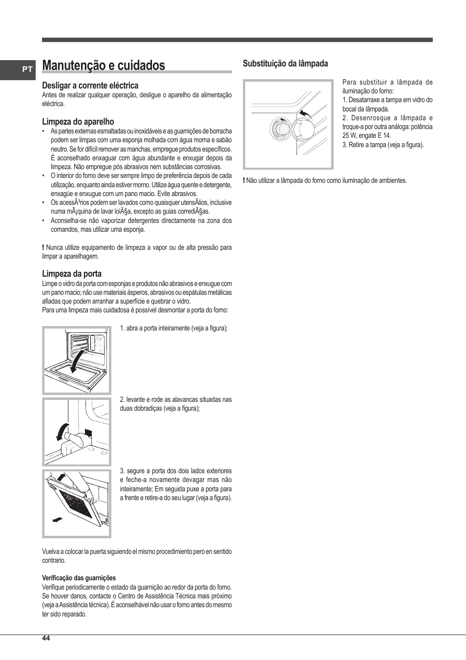 Manutenção e cuidados | Indesit IFG-63-K.A-(BK)-S User Manual | Page 44 / 52