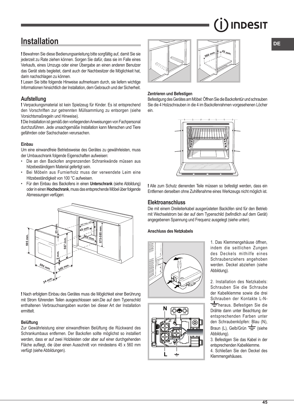 Installation, Aufstellung, Elektroanschluss | Indesit IFG-63-K.A-(BK)-S User Manual | Page 45 / 52