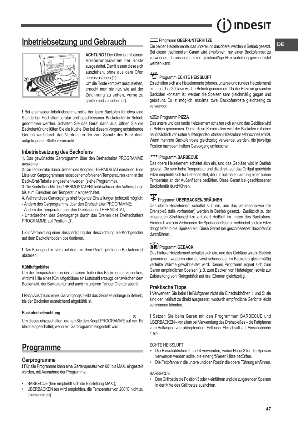 Inbetriebsetzung und gebrauch, Programme, Praktische tipps | Inbetriebsetzung des backofens, Garprogramme | Indesit IFG-63-K.A-(BK)-S User Manual | Page 47 / 52