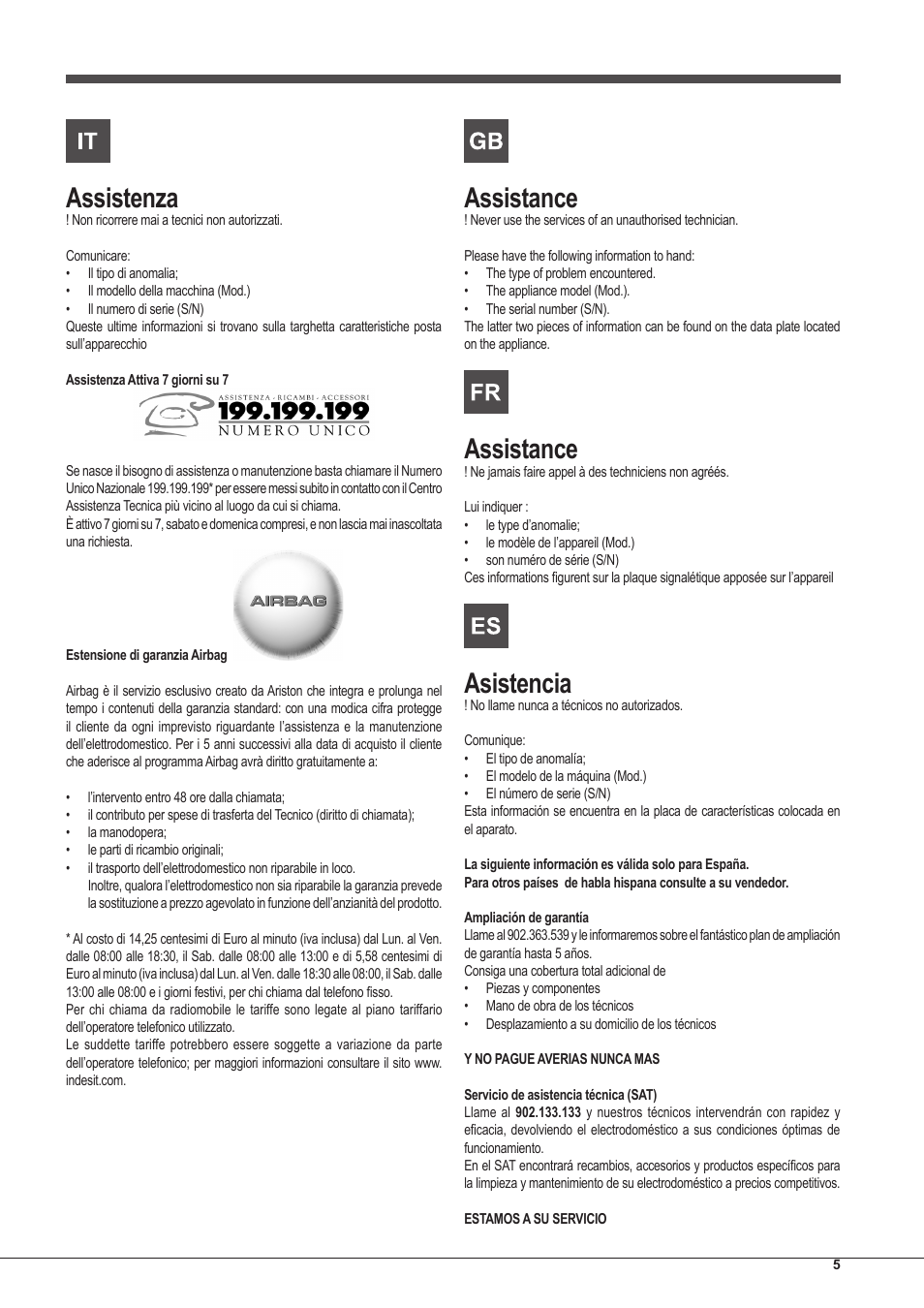 Assistenza, Assistance, Asistencia | Indesit IFG-63-K.A-(BK)-S User Manual | Page 5 / 52