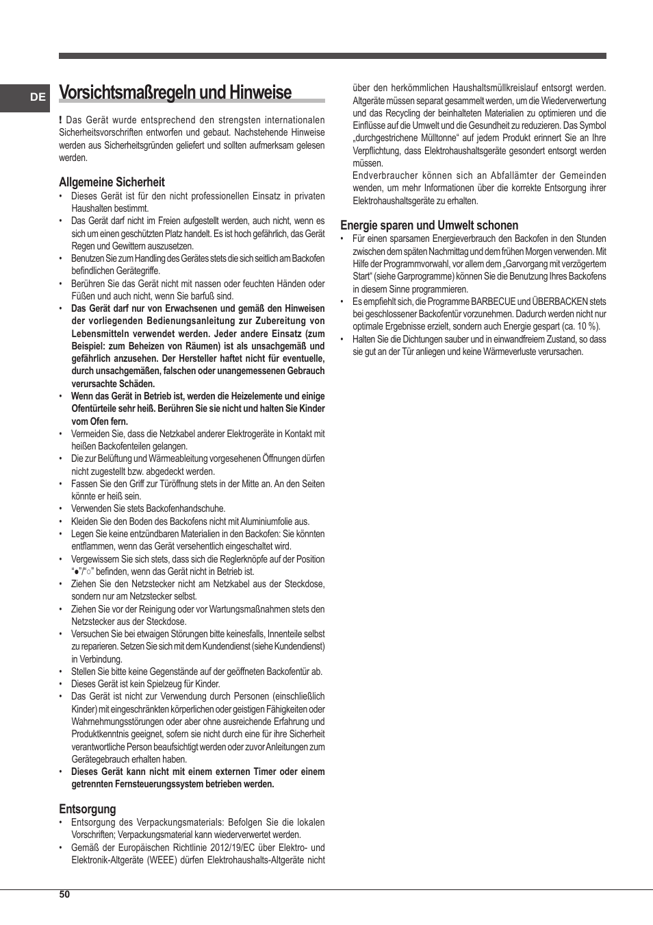 Vorsichtsmaßregeln und hinweise, Allgemeine sicherheit, Entsorgung | Energie sparen und umwelt schonen | Indesit IFG-63-K.A-(BK)-S User Manual | Page 50 / 52