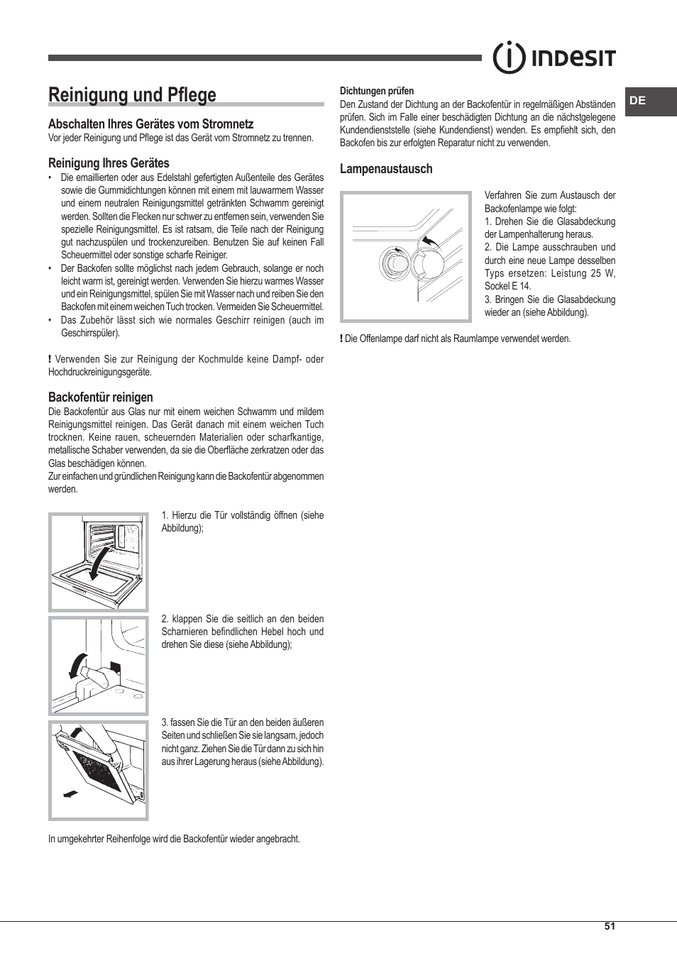 Reinigung und pflege, Abschalten ihres gerätes vom stromnetz, Reinigung ihres gerätes | Backofentür reinigen, Lampenaustausch | Indesit IFG-63-K.A-(BK)-S User Manual | Page 51 / 52