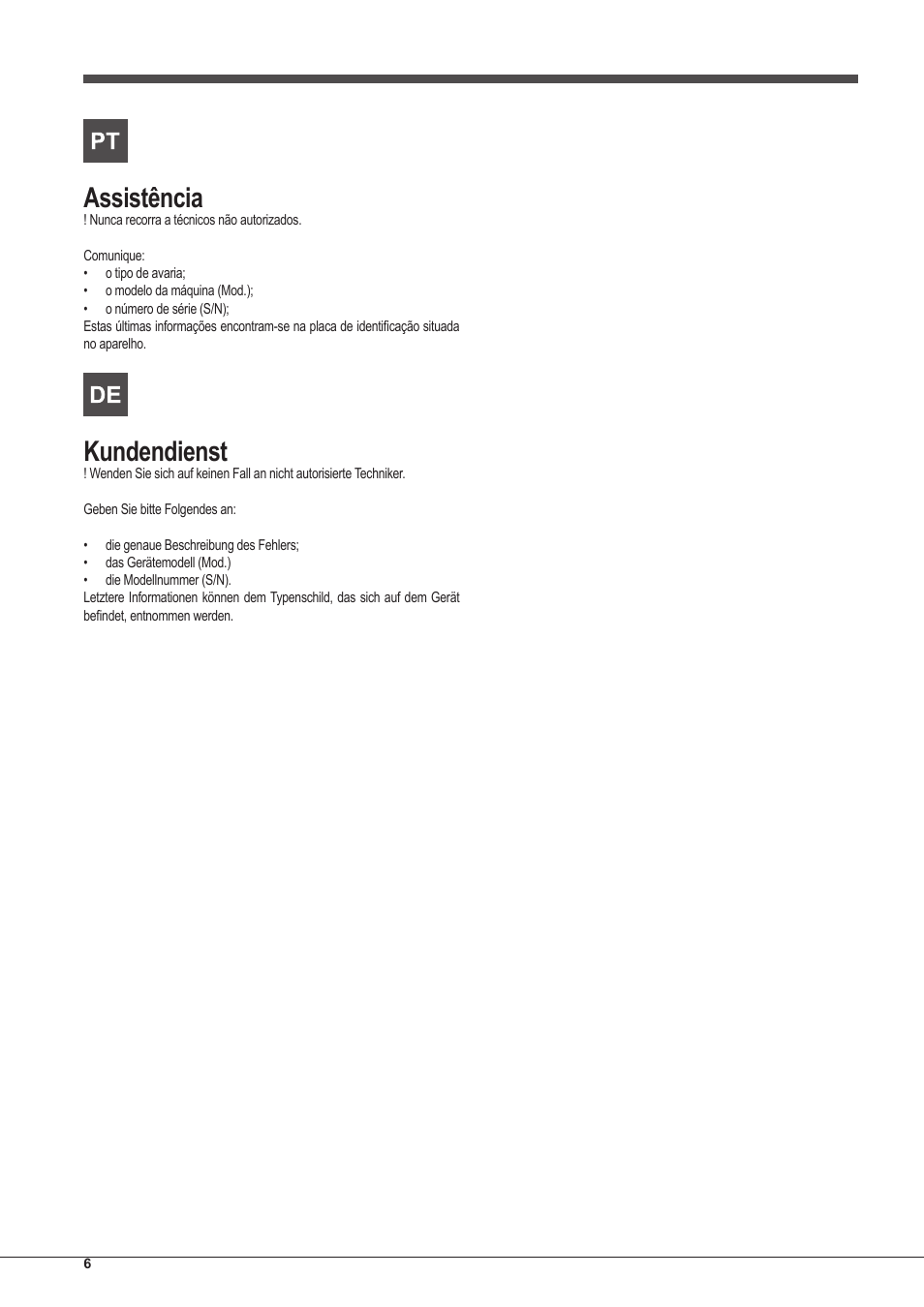 Assistência, Kundendienst | Indesit IFG-63-K.A-(BK)-S User Manual | Page 6 / 52
