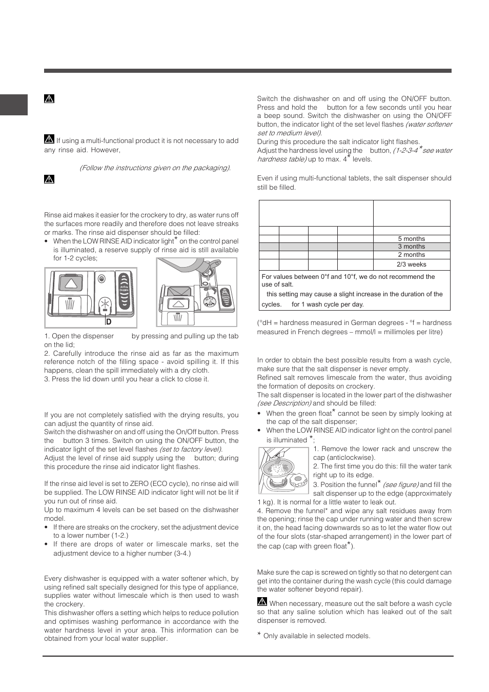 Rinse aid and refined salt, Measuring out the rinse aid, Measuring out the refined salt | Indesit DIF-14B1-EU User Manual | Page 26 / 84