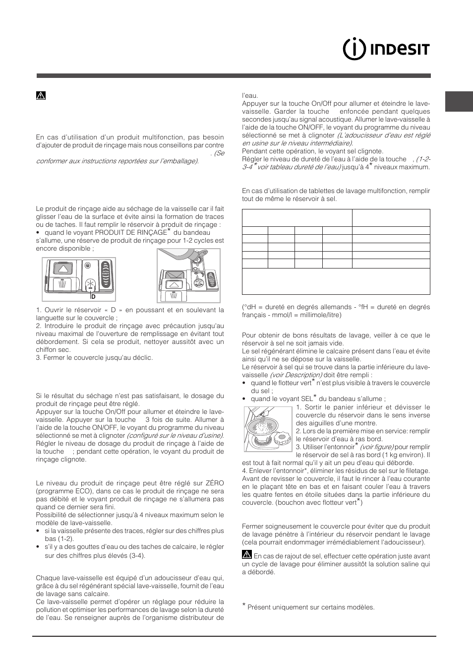 Produit de rinçage et sel régénérant, Charger le produit de rinçage, Charger le sel régénérant | Indesit DIF-14B1-EU User Manual | Page 39 / 84