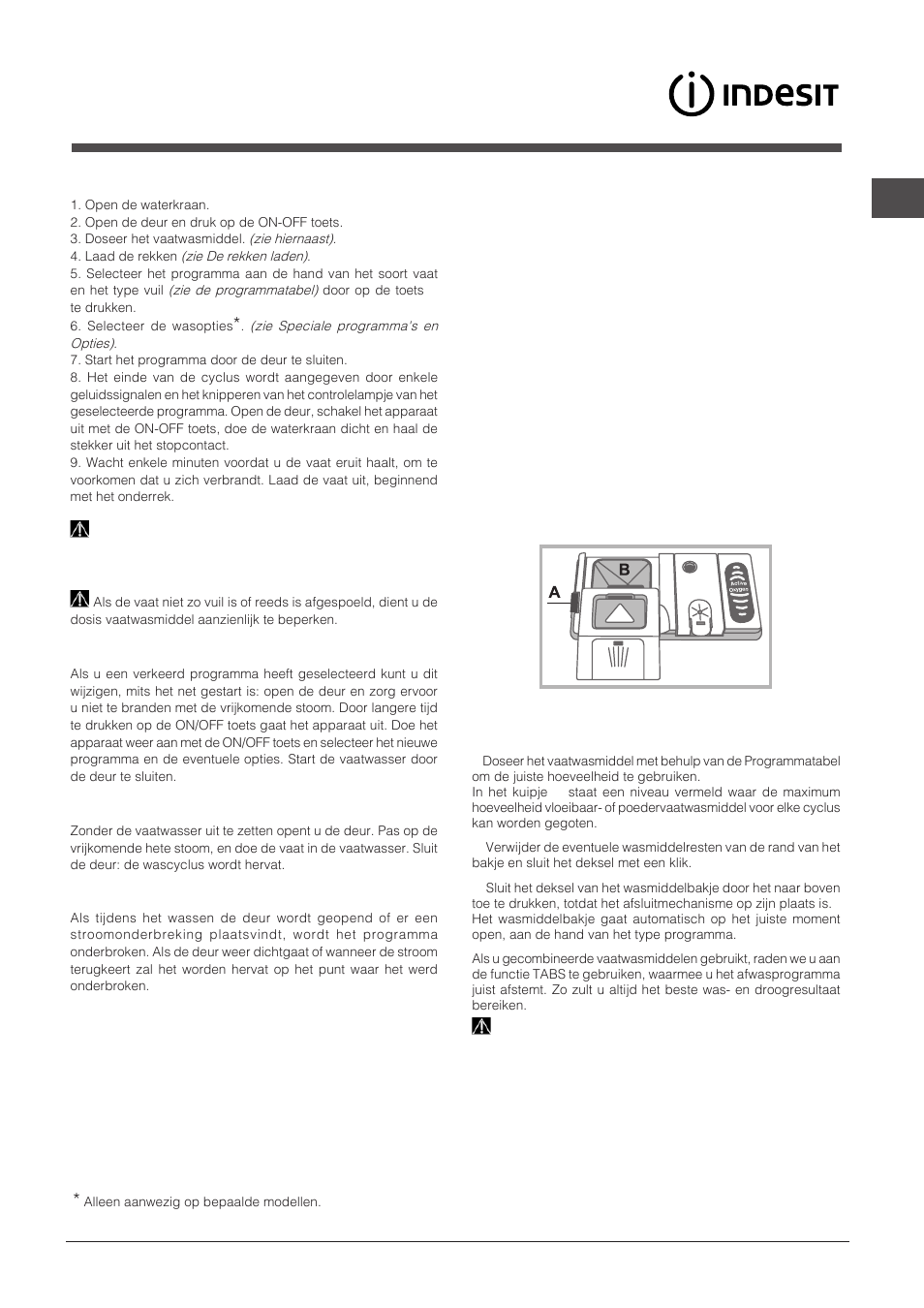 Starten en gebruik, Het vaatwasmiddel toevoegen, Start de vaatwasser | Indesit DIF-14B1-EU User Manual | Page 51 / 84