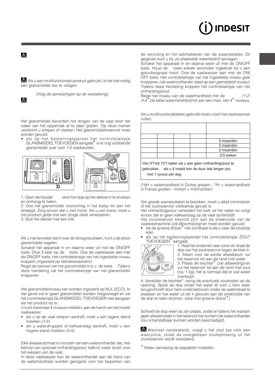 Glansmiddel en zout, Het glansmiddel toevoegen, Het onthardingszout toevoegen | Indesit DIF-14B1-EU User Manual | Page 53 / 84