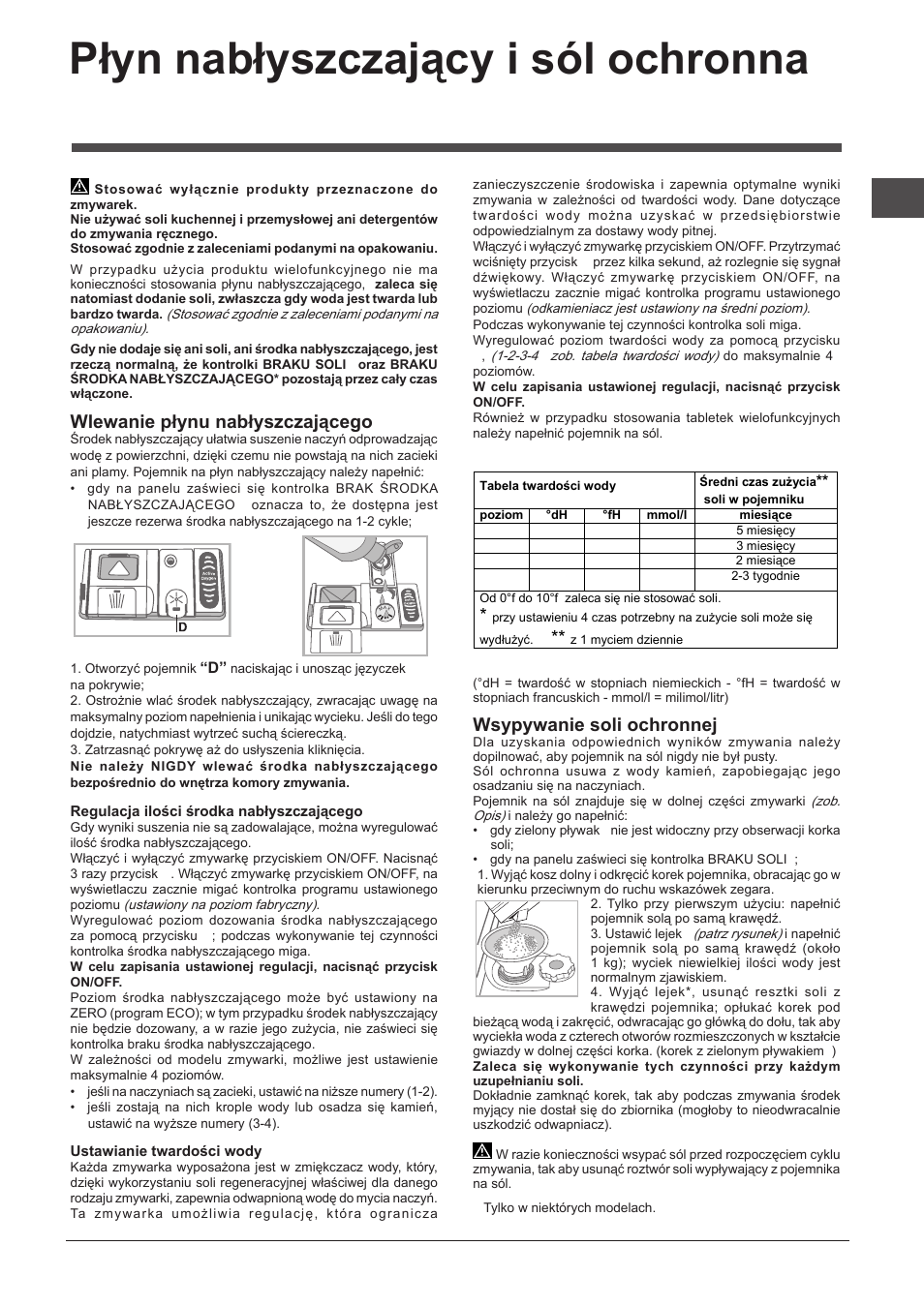 Płyn nabłyszczający i sól ochronna, Wlewanie płynu nabłyszczającego, Wsypywanie soli ochronnej | Indesit DIF-14B1-EU User Manual | Page 67 / 84