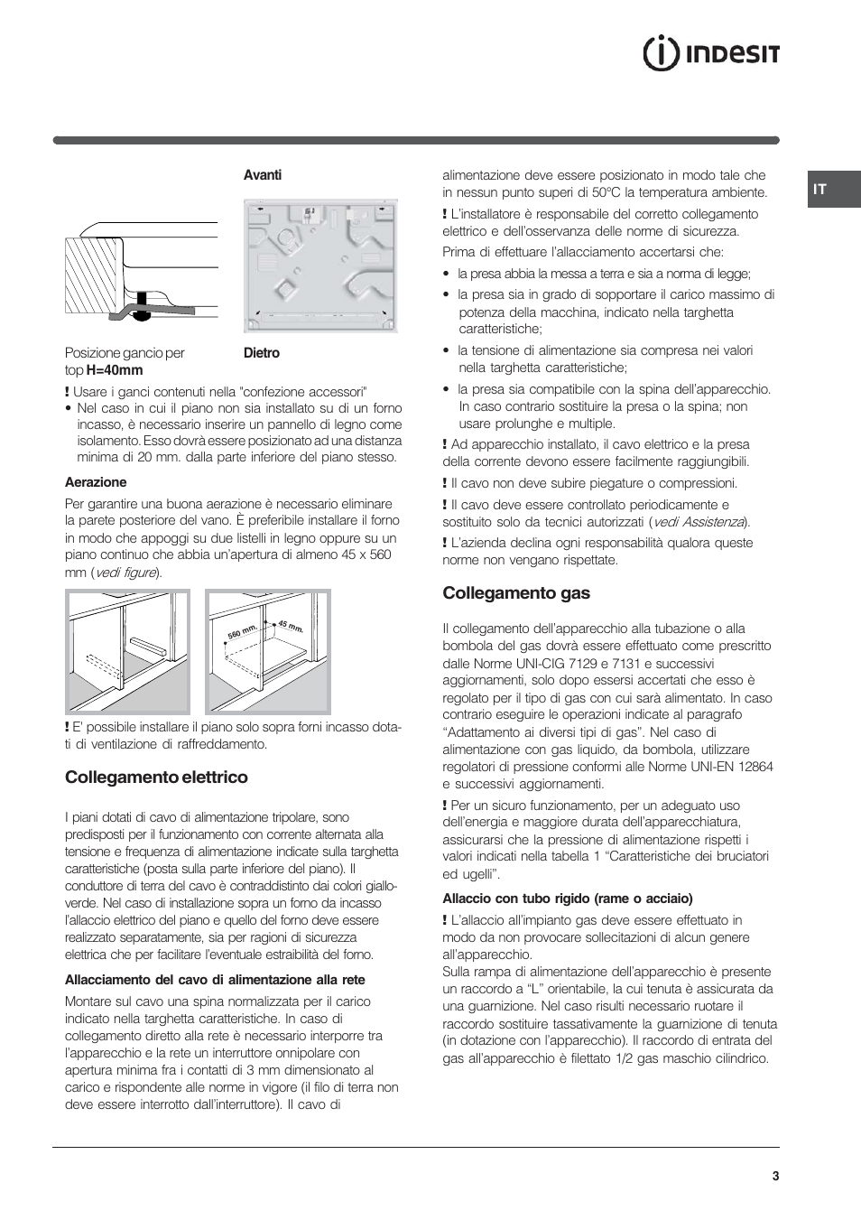 Collegamento elettrico, Collegamento gas | Indesit IP-640-S-(AV)-R User Manual | Page 3 / 56