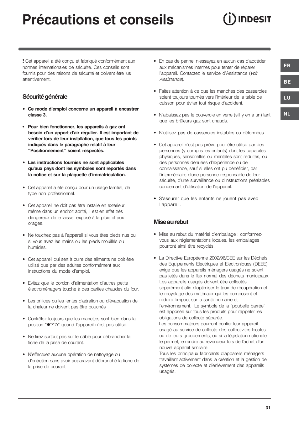 Précautions et conseils, Sécurité générale, Mise au rebut | Indesit IP-640-S-(AV)-R User Manual | Page 31 / 56