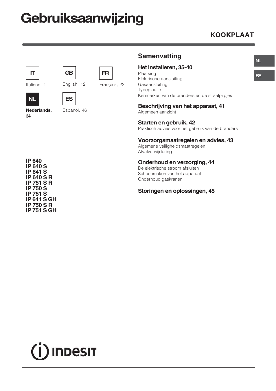 Gebruiksaanwijzing, Kookplaat samenvatting | Indesit IP-640-S-(AV)-R User Manual | Page 34 / 56