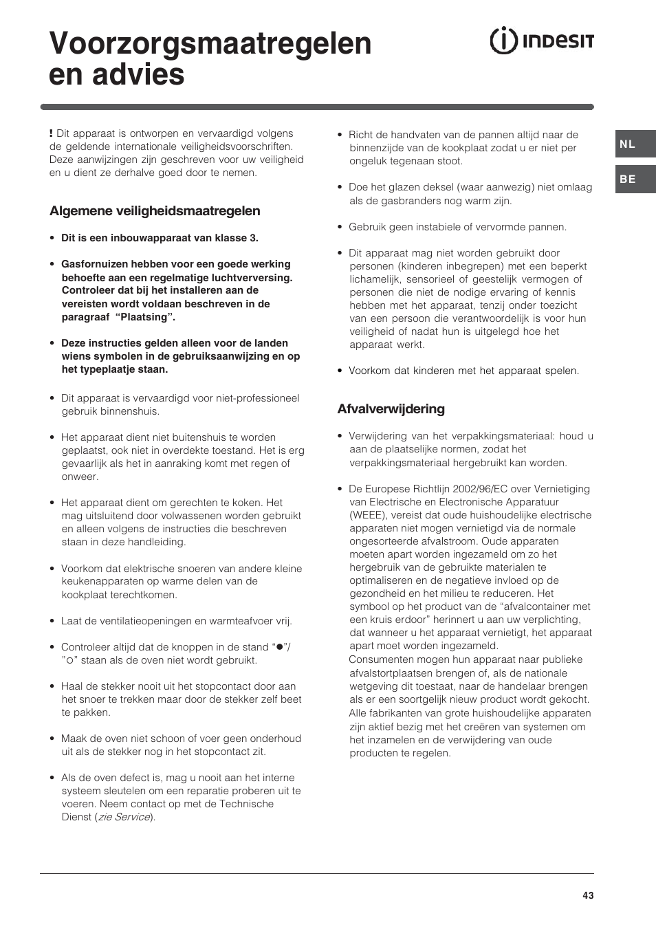 Voorzorgsmaatregelen en advies | Indesit IP-640-S-(AV)-R User Manual | Page 43 / 56