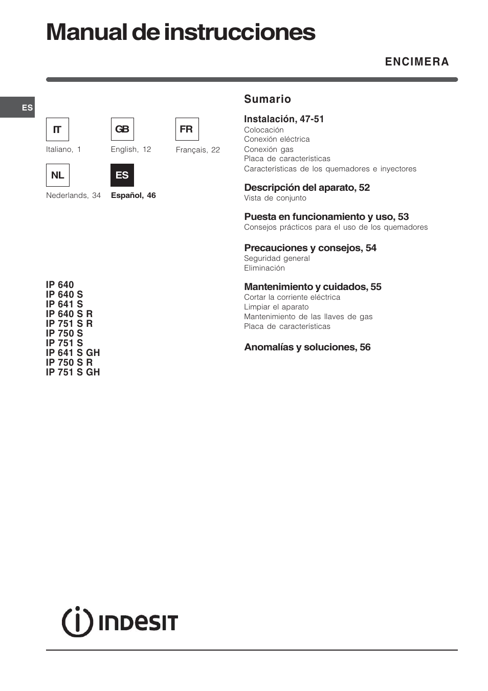 Manual de instrucciones, Encimera, Sumario | Indesit IP-640-S-(AV)-R User Manual | Page 46 / 56