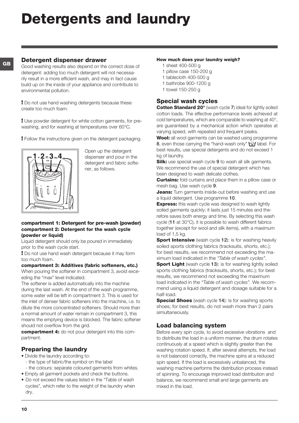 Detergents and laundry | Indesit IWTE-61281-ECO-(EU) User Manual | Page 10 / 84