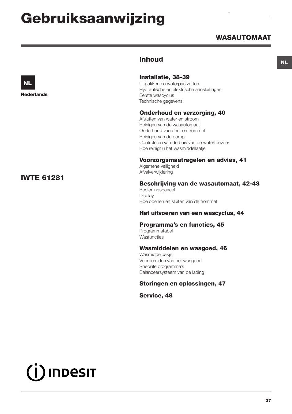 Gebruiksaanwijzing | Indesit IWTE-61281-ECO-(EU) User Manual | Page 37 / 84